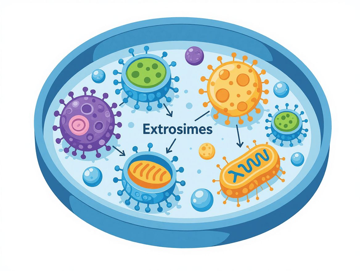 Diagram explaining exosomes as extracellular vesicles carrying signaling molecules