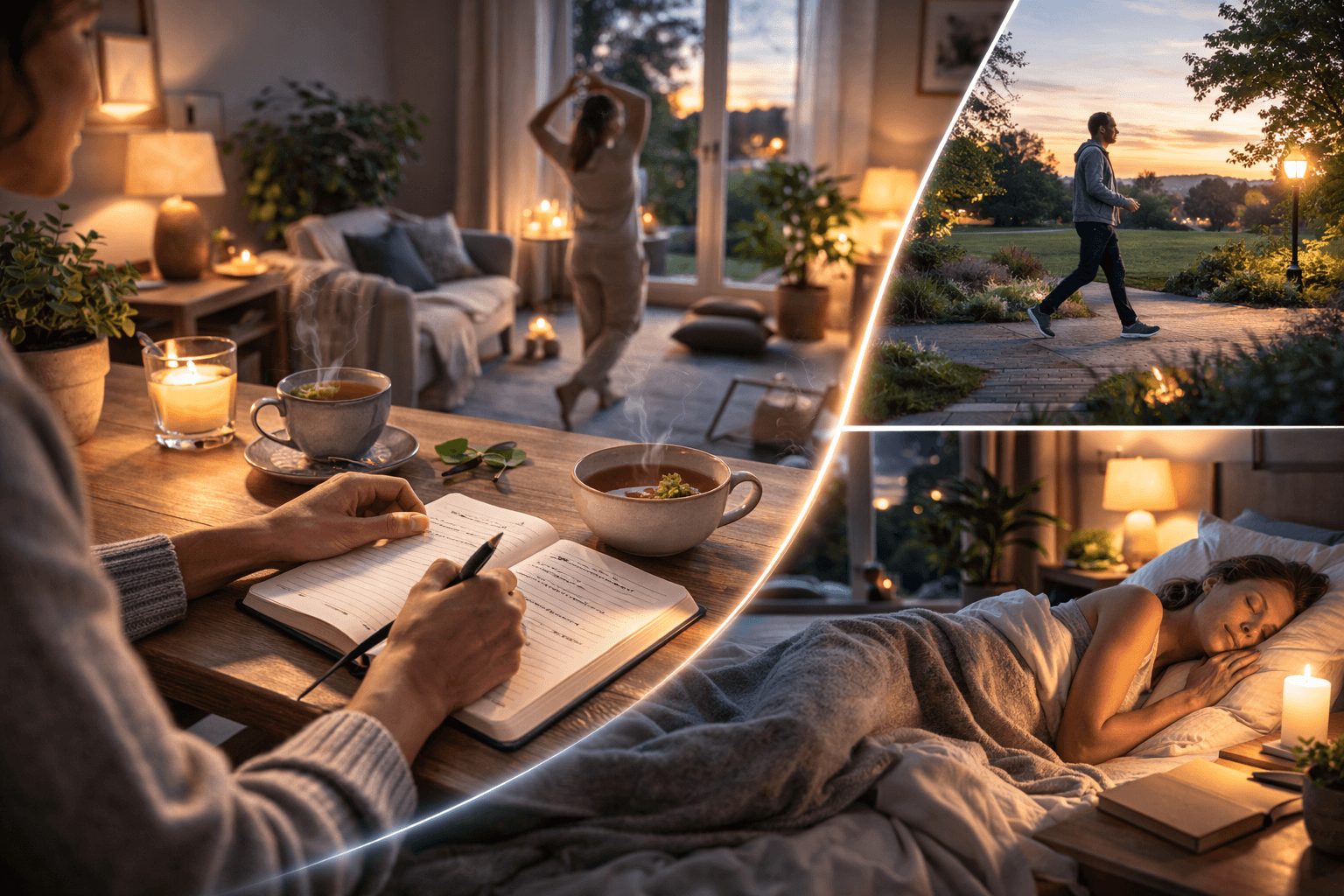 Evening recovery routine with low-light relaxation habits