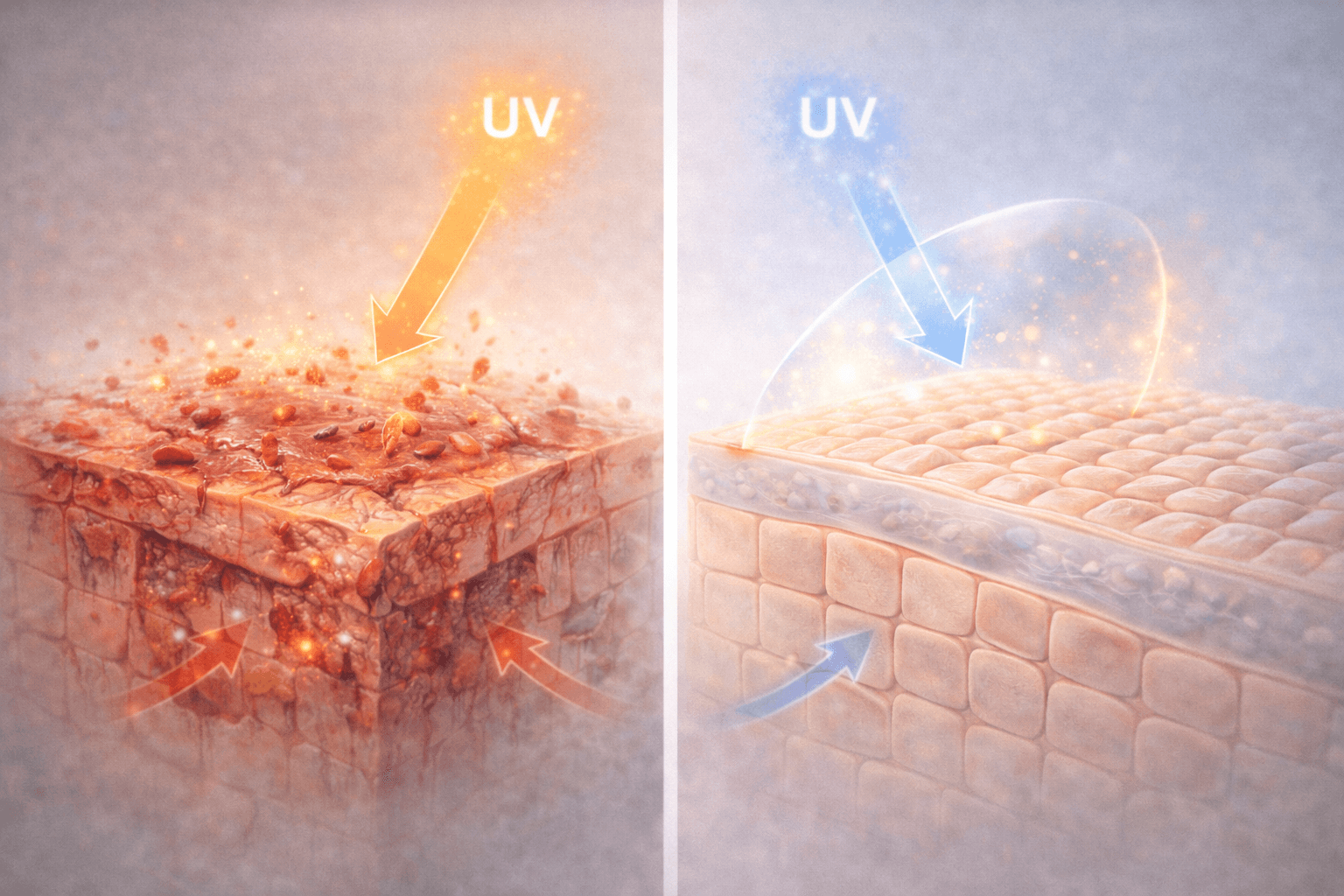 Skin cross-section comparing UV damage and protected barrier