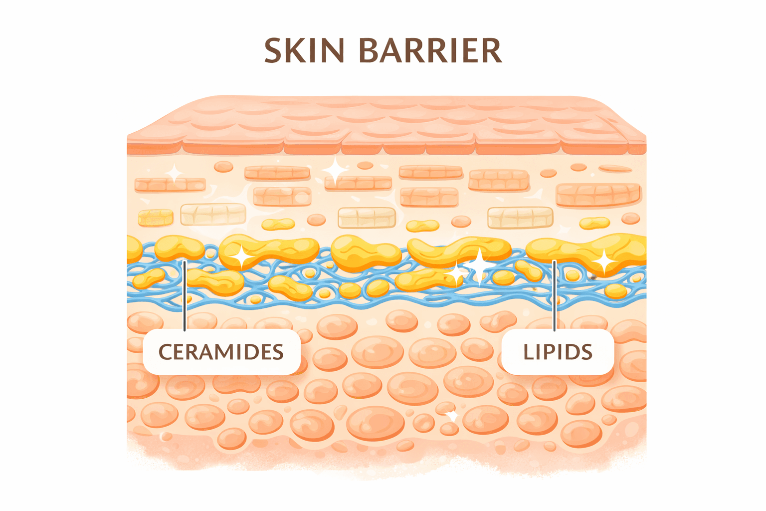 Skin barrier structure showing ceramides and protective layers